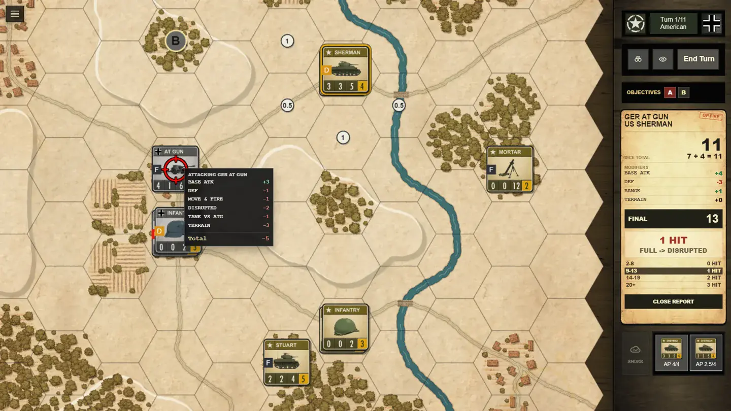 Official Broken Front by KOArtist Games screenshot showing unit counters on a hex battlefield and a combat report