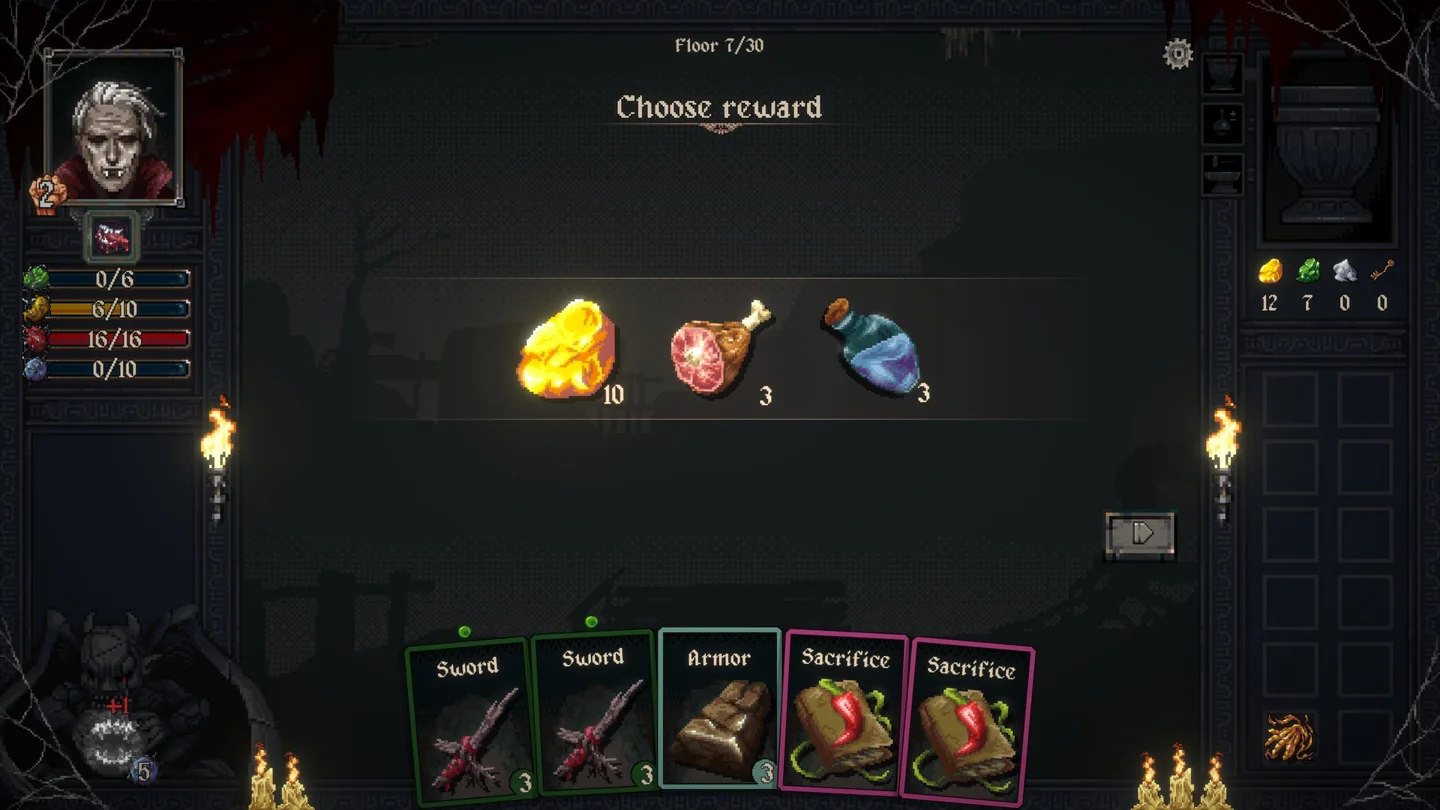 Official Dungeon Raid by 4Cats screenshot showing cards and a choice of three rewards in a dungeon