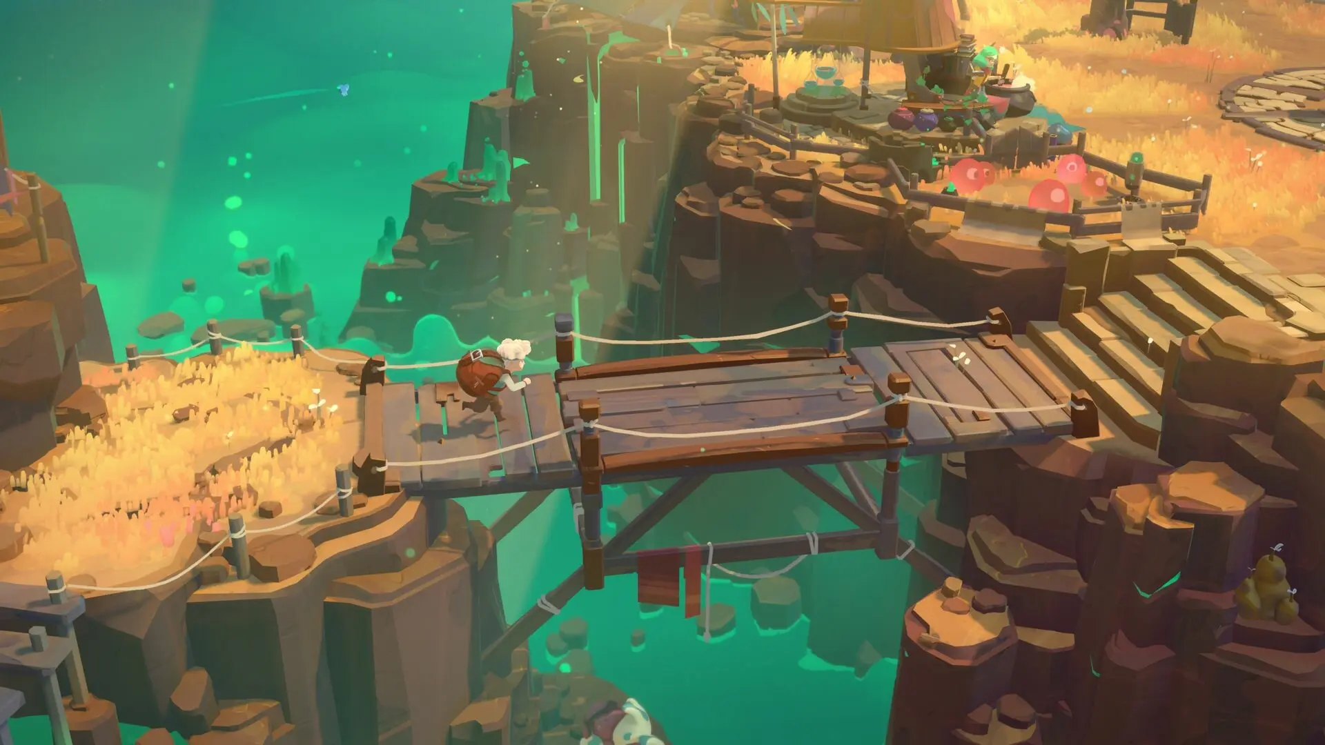 Moonlighter 2 official screenshot showing Will crossing a wooden bridge in Kalina