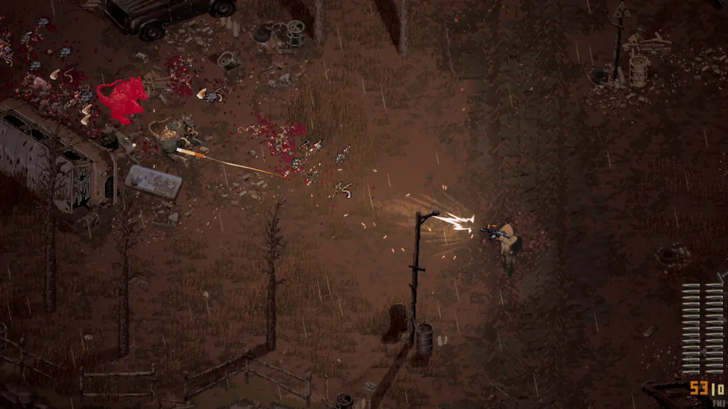 Official Scavland screenshot showing a top-down firefight near abandoned vehicles