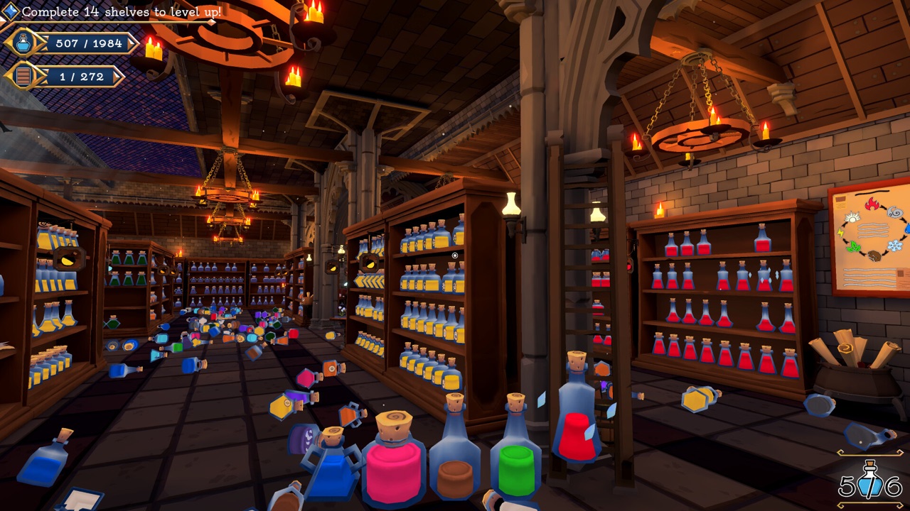 Shelve the Potions official screenshot showing rows of potion shelves inside the enchanted cellar