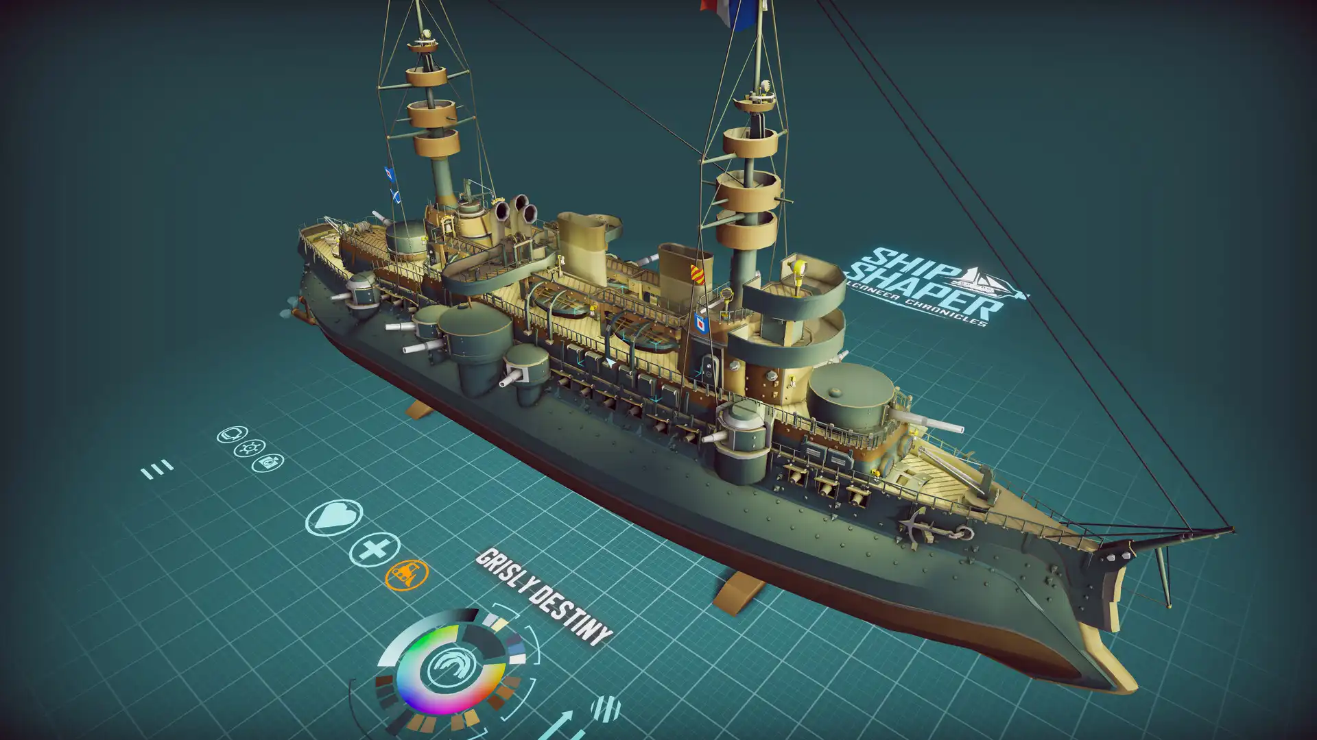 Official ShipShaper screenshot showing a completed warship with decks, masts, guns, and fittings