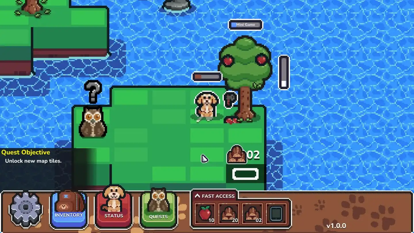 Official The Last Good Boy screenshot showing a dog beside a fruit tree on a pixel-art island