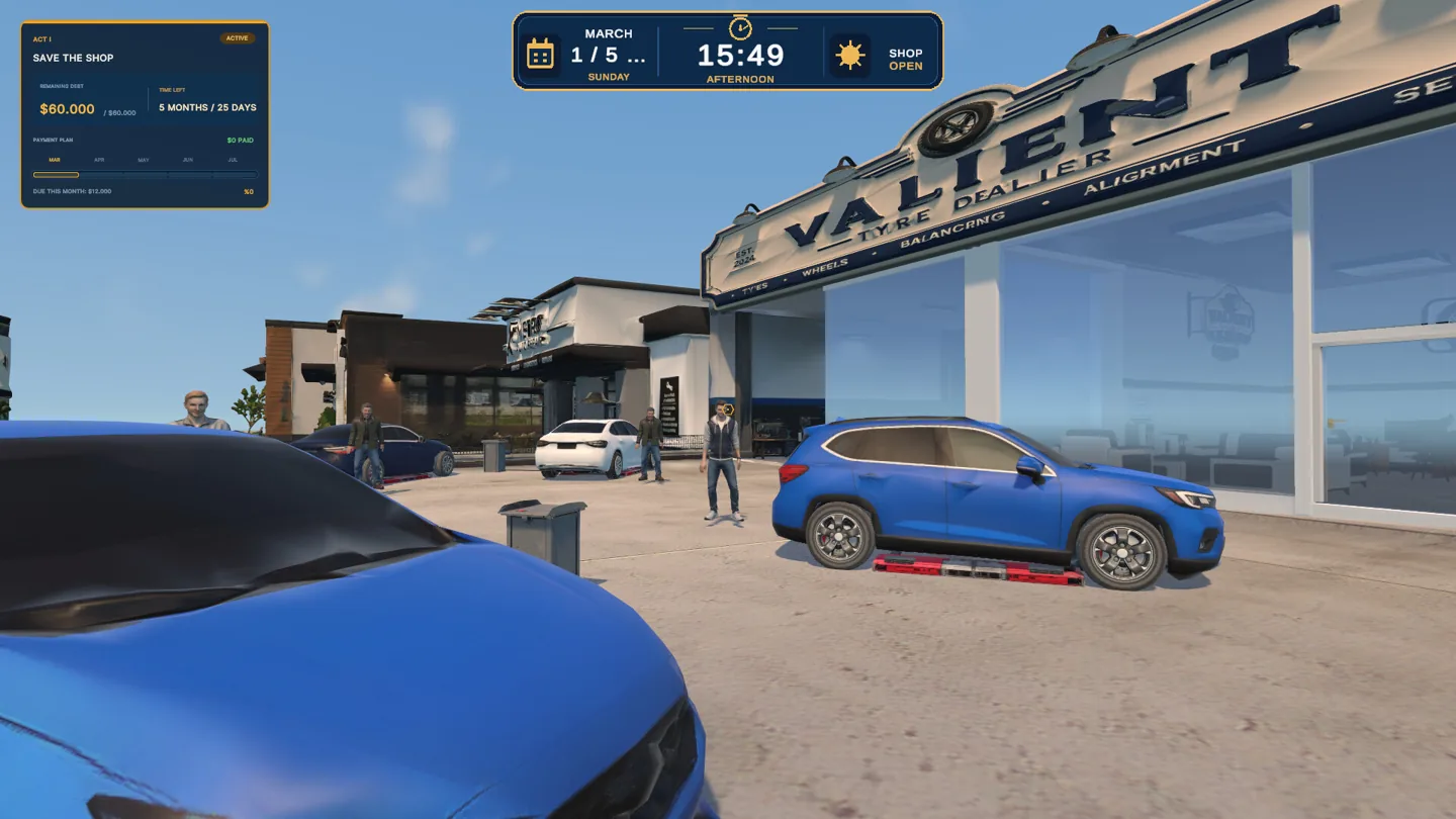 Official Tire Dealer Simulator Demo screenshot showing cars and customers outside a tire-service workshop