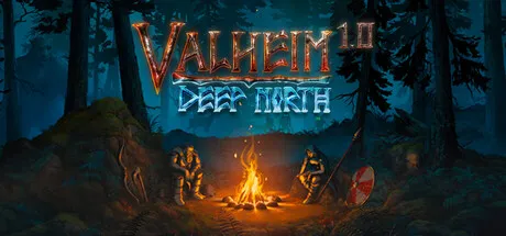 Official Valheim Steam store header showing Viking adventurers around a campfire