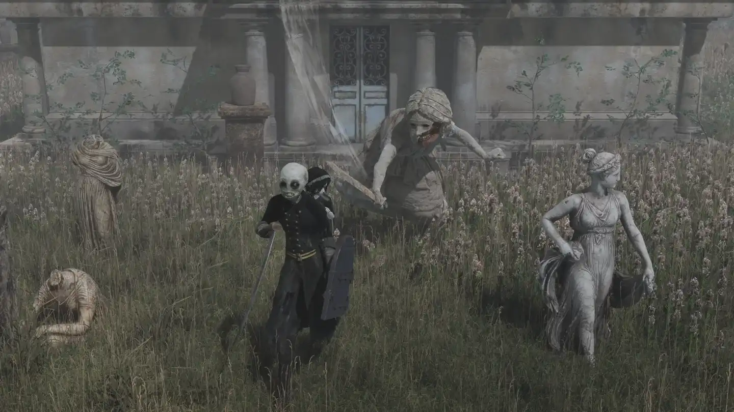 Official Withering Realms screenshot showing a masked character and a creature in an overgrown courtyard