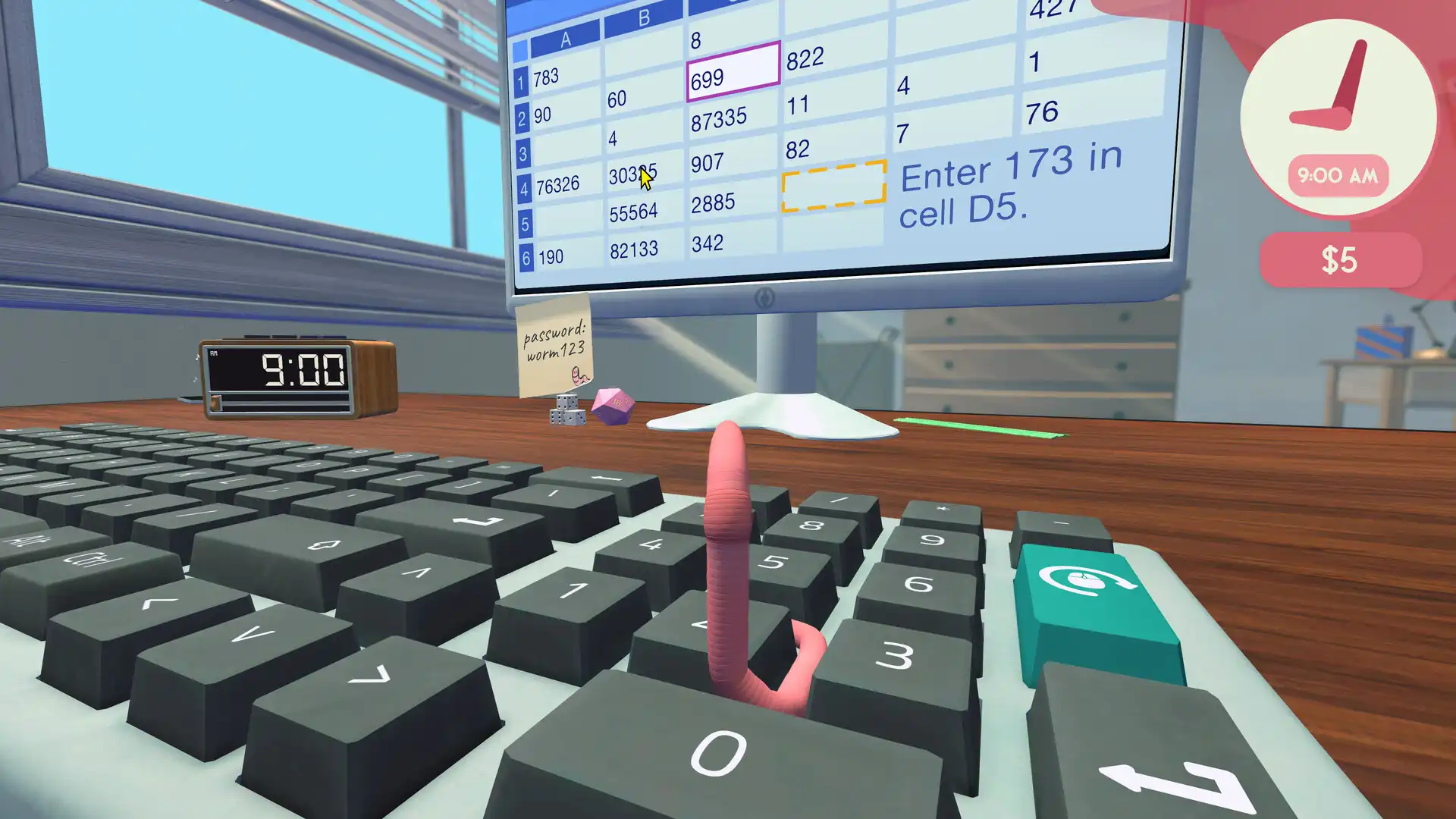 Official Worming from Home screenshot showing a worm on a keyboard facing a spreadsheet